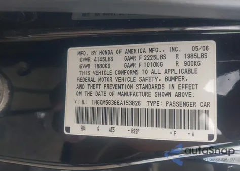 2006 Honda Accord 2.4 Se из США, поврежденный, VIN 1HGCM56366A153826